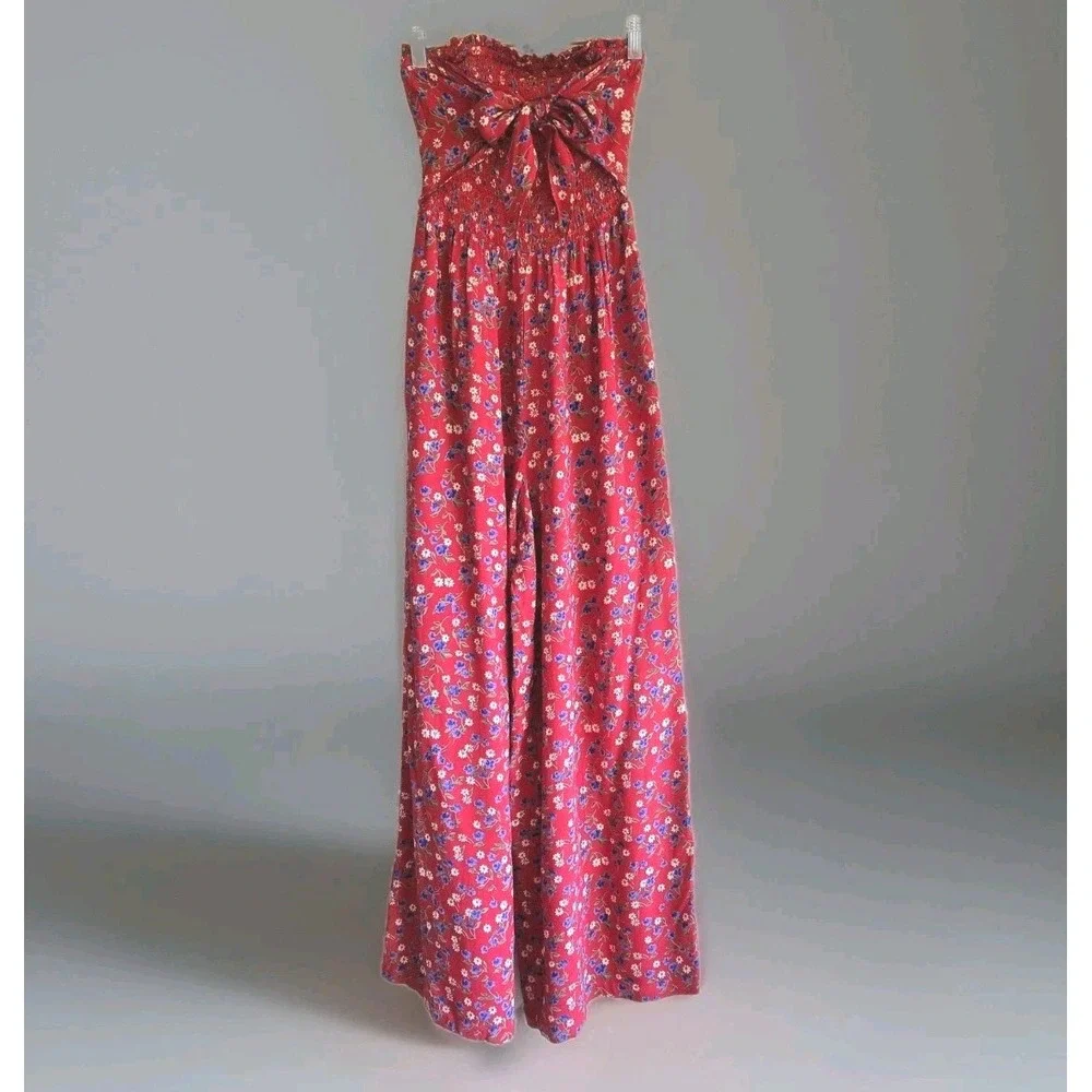 Patrons Of Peace Sz XS Floral Smocked Strapless Wide-Leg Jumpsuit Prairie Travel